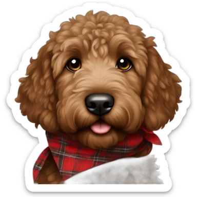 Dark brown colored golden doodle with a red and black flannel hankerchief sticker