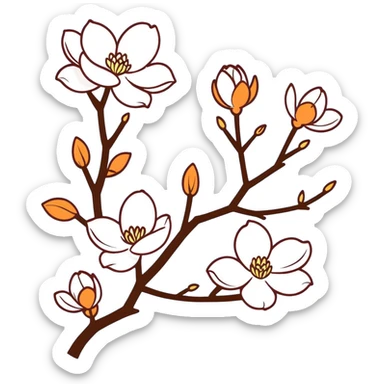 Artistic Japanese Magnolia kobus (kobushi) blossom with elegant composition reminiscent of kimono patterns, white star-shaped flowers on dark branch, gold accents, soft blue background sticker