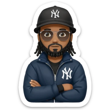 African American man with shoulder length black dreadlocks and black beard wearing black sunglasses with a New York Yankees baseball cap wearing a black bubble winter coat with arms folded sticker