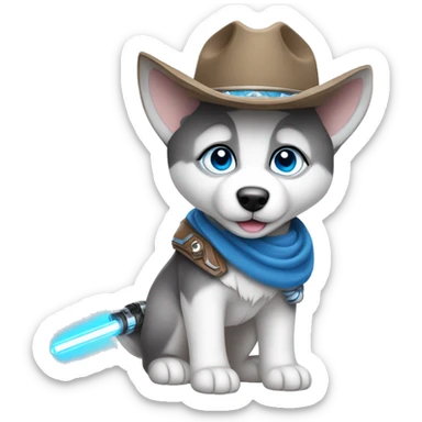 Gray Siberian Husky with blue eyes puppy wearing a cowboy hat dressed in Jedi clothing Holding a Lightsaber with the Paw sticker