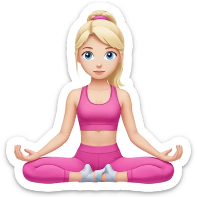a nlode girl with blue eyes wearing a pink workout set, doing pilates sticker