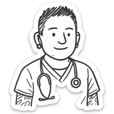 Dr. Efrén Rivera Santiago, a professional and warm doctor with neatly styled short spiked hair, wearing gray scrubs over a white undershirt. He has a calm, reassuring expression with small almond-shaped eyes and a round face. His visible arm tattoos and hook earrings add a touch of individuality. The image should reflect his kind and sharp demeanor. sticker
