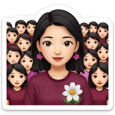A Korean woman with messy and stylish black hair, a flower in her ear and an iconic Y2K shirt maroon and brown hazel eyes, makeup sweetie,A Style Vibe in the Crowd sticker