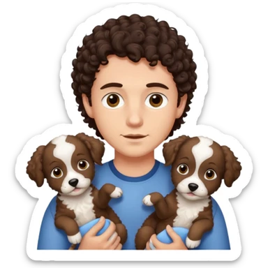 young man with dark brown curly hair, deep set eyes with two York puppies sticker