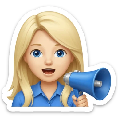 blue eyes blonde girl yelling into megaphone saying timeout long hair smiling sticker