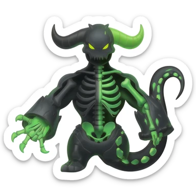 Horned Evil Cool Handsome Badass Edgy Obsidian-black and neon-glowing-green skeletal Meloetta-Salandit-Gorebyss-Zygarde-Pokémon-Fakémon-creature-fusion-hybrid sticker