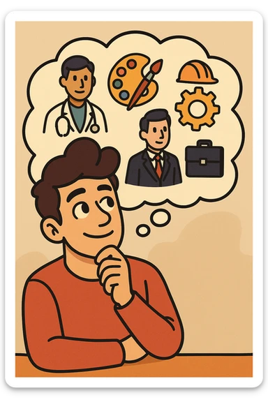 a guy dreaming about his future career plans, hopeful expression, thought bubble with various career icons, modern illustration, colorful, flat toon style sticker