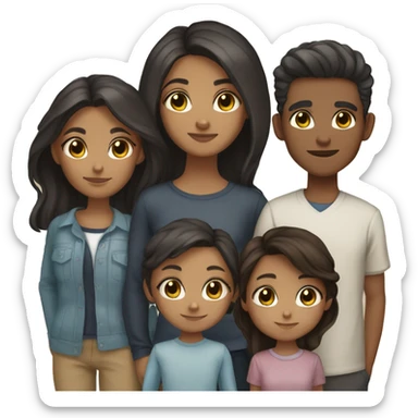 Family of 7, 4 girl dark hair dark eyes caramel skin, 1 girl dark hair dark eyes light skin, 1 boy dark hair dark eyes light skin, 1 girl dark brown hair light brown eyes white skin sticker