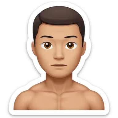 A standing buff shirtless asian guy with a really square jawline. Make his jawline extremely square and exaggerated. Also give him a middle part haircut. Give him a block square head sticker