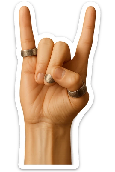 Make the rings on the hand more detailed while keeping the metal sign gesture. Render with realistic shading and subtle color, no background. sticker
