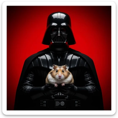 Extreme Closeup Photo of a darth vader holding big hamster, low key light, red solid background with leading lines, back light, spot light sticker