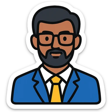 Indian finance bro with glasses, business attire, confident expression, color icon sticker