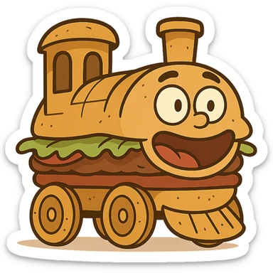 whimsical hamburger-shaped train, playful and colorful, burger buns as train body and wheels, lettuce and tomato details, cartoon style sticker