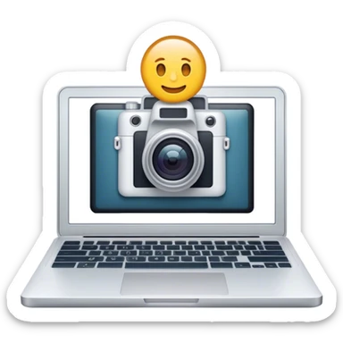 Create an emoji of blogging. The design should feature an open laptop or tablet with a visible blog post on the screen, showing text. Add a photo or video camera to symbolize multimedia content creation. Use modern, professional colors. Make the background transparent. sticker