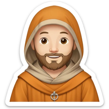 a happy monk with a 3 day beard and short hair, wearing a hooded tunic sticker