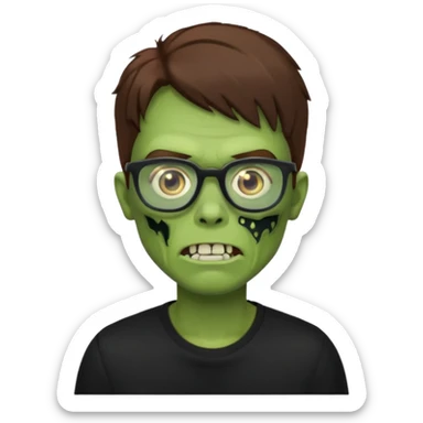 Green zombie, brown hair, black glasses, black shirt. iOS style. sticker