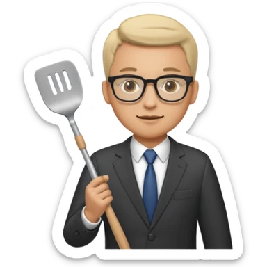 man with glasses wearing a suit and holding a spatula sticker