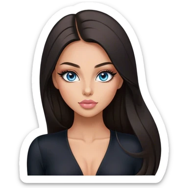 Glamours make-up, tanned, beautiful, girl, with blue eyes, big pump peach-beige-rose lips, eyeliner, long lashes, black straight smooth silky long hair, parting hair in the middle,  in black v-neck bodysuit long sleeves sticker