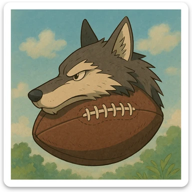 ghibli style NFL football shaped like a wolf head sticker
