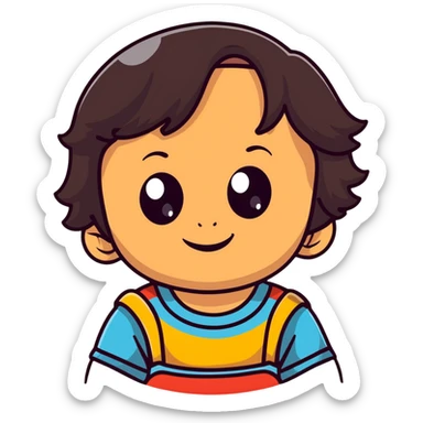 close-up of round smiling toddler face only with big eyes, medium skin tone, dark wavy hair, no neck visible, just the face sticker
