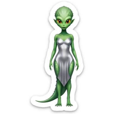 Green Alien reptilian woman in silver dress, full figure, yellow eyes sticker