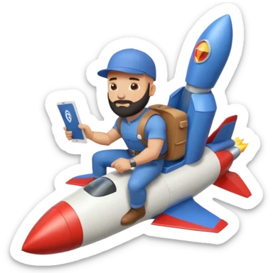 Bald muscular guy with beard and backwards cap, riding rocket, holding Instagram logo, papers trailing behind, minimal style sticker