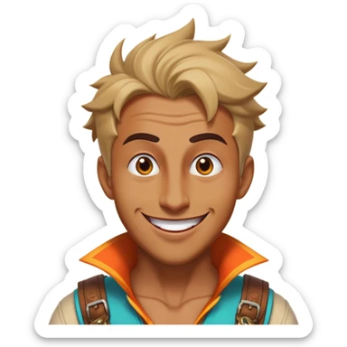 Cinematic Realistic Aladdin Portrait, head tilted dramatically with an exaggeratedly amused expression, featuring vibrant eyes and a slight, roguish grin. His detailed attire and subtle magical accents are brought to life with dynamic lighting and vivid textures, capturing a rare, playful burst of humor from a daring street-wise adventurer. sticker