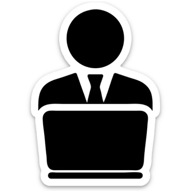 A person in a business suit working on a computer sticker