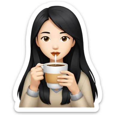 asian girl with black long hair drinking coffee sticker