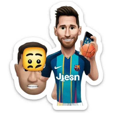 Messi con un telefono con una foto de cr7 sticker