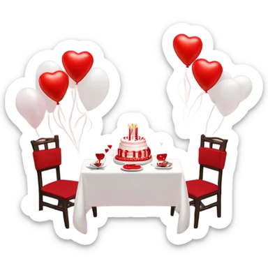Red romantic party setting for two people and heart balloon  table with white cloth and candle with bows on the table and white Korean cake sticker