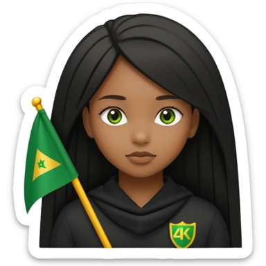 Black girl with straight hair with a green flag on her head that says 4kt on top of it with all black clothes on  sticker