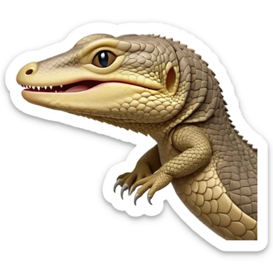 Cinematic Cute Yawning Monitor Lizard Portrait Emoji, Head tilted slightly with a dramatic, wide-open yawn, showcasing textured, patterned scales and sleepy, half-closed eyes exuding relaxed charm, Simplified yet irresistibly adorable features, highly detailed, glowing with a soft, cozy glow, high shine, relaxed yet expressive, stylized with a dash of whimsical wildness, soft glowing outline, capturing the essence of a drowsy yet affectionate reptile that appears ready to stretch out for a nap! sticker