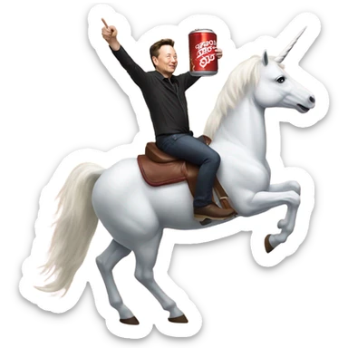 Elon musk riding a unicorn whilst drinking cola sticker
