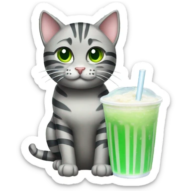 A striped grey cat with green eyes drinking boba sticker