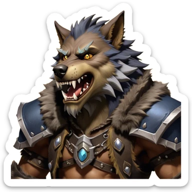 Cinematic Realistic WoW Worgen Portrait, head tilted dramatically with an exaggeratedly amused expression, blending ferocious beastliness with a touch of unexpected humor. His rugged fur, tanned skin, and worn leather garments are rendered with meticulous detail and dynamic lighting, high shine, dramatic yet whimsical, capturing the essence of a worgen whose epic might is tempered by a playful, irreverent charm. sticker