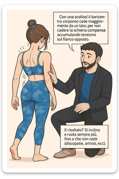fai questa immagine in versione manga/webtoon a colori, il manga mostra la donna di spalle, mentre l'uomo le tocca la spina dorsale per spiegarle come funziona la scoliosi:
Con una scoliosi il baricentro corporeo cade maggiormente da un lato; per non cadere la schiena compensa accumulando tensione sul fianco opposto.
Il risultato? Si inclina e ruota sempre più, fino a che non cede (discopatie, artrosi, ecc) sticker