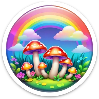 A round psychedelic colored button with bezeled edges and rainbow colored mushrooms sticker