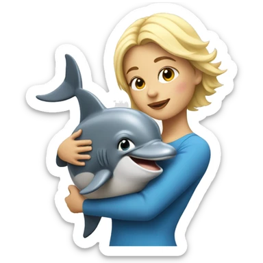 blonde woman with short hair hugs a Dolphin sticker