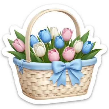 A white Picnic basket with pastel blue bow, white peonie, tulips sticker