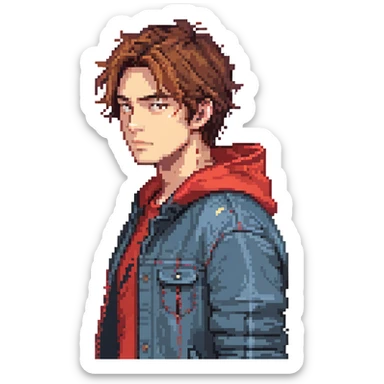 Pixel art character, young man with dark jacket, red hoodie, brown messy hair, jeans, scar on left eyebrow, confident face, retro arcade sprite style, side view sticker