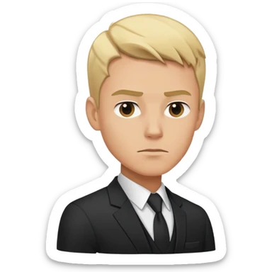 Man with stern expression, short blonde hair, strong jawline, wearing a suit sticker