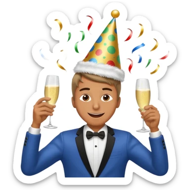 An energetic man throws his head back, drinking champagne loudly as the New Year begins. sticker