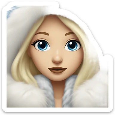 Beautiful Girl with lashes and blue eyes, blonde hair, in a extremely big fluffy oversized white fur coat with hood on. The fur is real and it’s very obvious big and fluffy  sticker