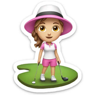 White girl with brown hair wearing a pink hat and golfing sticker
