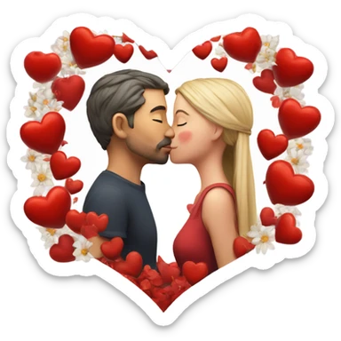 Hyper Realistic Couple kissing surrounded by red hearts and flowers  sticker