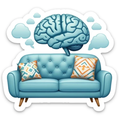 An icon featuring a brain, a couch, and a psychological test, symbolizing the study of psychology. The design includes abstract patterns representing the mind, with a calm, therapeutic setting in the background. Transparent background highlights the exploration of human behavior and mental health. sticker