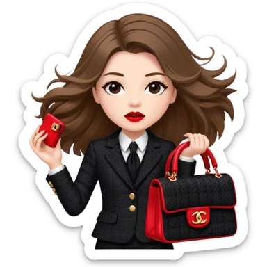 White girl with brown long hair dressed up in black chanel tweed suit with a red chanel bag and red lipstick. Close up with wind blowing her hair looking fancy sticker