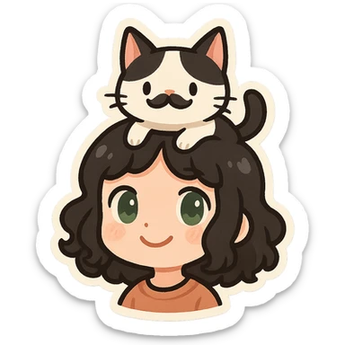 a white girl with black curly medium-length hair and green eyes, smiling, with a white-black cat perched on her head, the cat has a black mustache-like mark under its nose, cute and whimsical style sticker