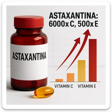 hyper realistic Astaxantina with bar chart and arrows showing superiority over vitamin C and vitamin E, red bottle, orange and golden capsule, text 'Astaxantina: 6000x C, 500x E', scientific atmosphere, white background sticker